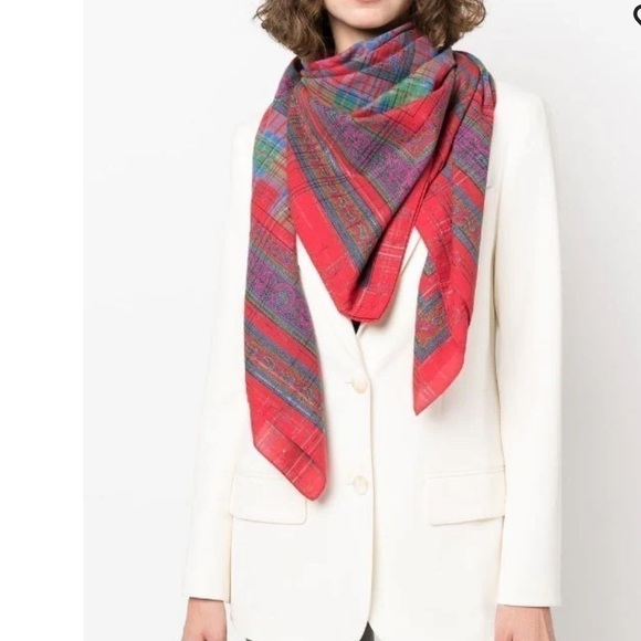 Yves Saint Laurent Accessories - Yves St. Laurent 1980s Check Red Paisley Print Scarf Wrap Large